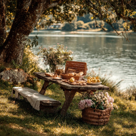 A rustic wooden picnic table is set near a lake, laden with food and flowers. The scene is bathed in warm sunlight, emphasizing the natural colors of the meal. Suitable for editorial use, the image captures a moment of leisure. The composition and lighting create a peaceful atmosphere.の素材