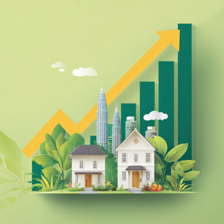 This illustration presents the concept of real estate investment growth, featuring houses and a rising financial graph. The composition is set against a soft green backdrop, with stylized houses, city buildings, and lush greenery. The use of vibrant colors and clean lines suggests a modern approach. Suitable for commercial or editorial applications.の素材
