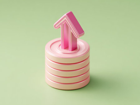 A pink arrow pointing upward sits atop a stack of beige and pink objects. The objects are arranged against a uniform green backdrop. The scene features clean lines, a studio style composition, and a soft lighting. It is suitable for business or financial themes, visual metaphors, or promotional materials.の素材