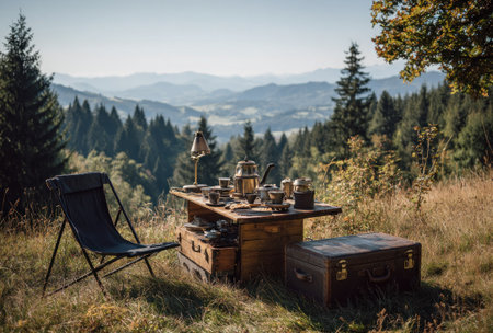 An outdoor tea table setup is featured, along with a folding chair and a backdrop of mountain scenery. The image displays natural lighting and a warm color palette. It may be suitable for illustrating leisure activities, travel, or nature-related themes, suitable for editorial and commercial applications.の素材