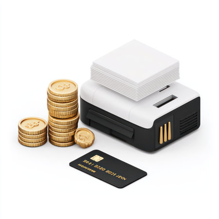 This image features a payment terminal alongside stacks of coins and credit cards. The composition is clean, with a white backdrop highlighting the subjects. The lighting appears bright and even, casting soft shadows. The overall style is modern and suitable for various financial or transactional themes.の素材