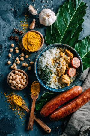 An overhead shot reveals a vibrant assortment of culinary ingredients. The composition features a bowl of rice, a bowl of yellow powder, sausages, herbs, and other elements, all presented on a textured surface. The image exhibits a high-angle perspective, natural lighting, and a detailed arrangement suitable for various culinary projects.の素材