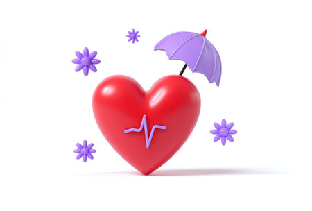 A vibrant red heart is the main subject, shielded by a purple umbrella. Surrounding the heart are stylized purple stars. The composition utilizes a clean, white background, creating a cheerful, bright appearance suitable for multiple applications. This image could be used in healthcare-related marketing materials.の素材