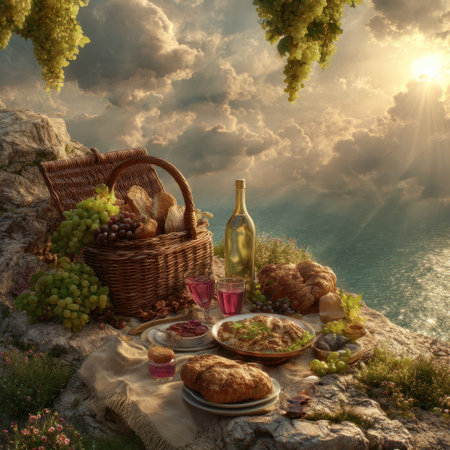 A picturesque picnic features a woven basket filled with fruits and bread alongside wine and various dishes. The composition showcases a vibrant display of colors and textures, with natural lighting illuminating the scene. Ideal for illustrating leisure and outdoor enjoyment, this image is suitable for diverse commercial applications.の素材