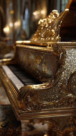 An exquisite golden piano dominates the frame, showcasing intricate carvings and a polished finish. The instrument, positioned in an indoor setting, reflects soft light. The luxurious appearance and detailed craftsmanship suggest potential use in artistic projects, design concepts, or sophisticated visual content.の素材