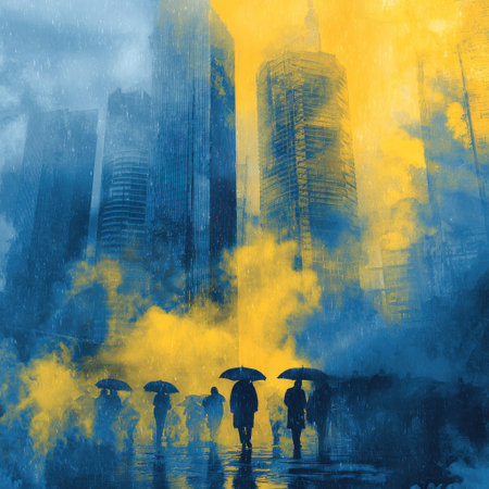 Silhouetted figures with umbrellas walk against a backdrop of towering structures and dramatic atmospheric lighting. The artwork employs a watercolor style, featuring a blend of blue, yellow, and white hues. The image suggests an urban setting with a moody atmosphere suitable for editorial and commercial applications.の素材