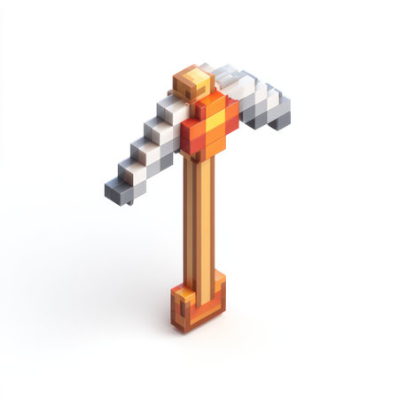 A digital illustration presents a pixelated pickaxe against a plain white backdrop. The rendering displays a three-dimensional style with a simple design. The color palette includes orange, gray, and beige hues, suggesting a clean, graphic style. Ideal for applications such as website content or design assets.の素材