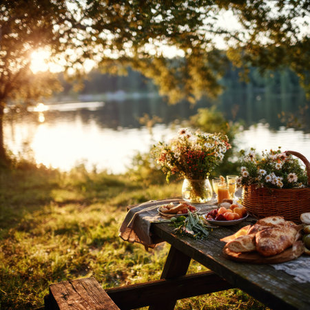 A picnic table is laden with food and flowers near a lake. Golden hour sunlight illuminates the scene, enhancing the warm colors of the bread, fruit, and foliage. The composition and lighting suggest a relaxing outdoor setting, suitable for editorial and commercial use.の素材