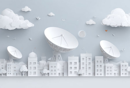 A paper-cut illustration depicts a cityscape featuring buildings and satellite dishes. White clouds drift in a light blue sky, adding to the paper art style. This image has a clean, minimalist aesthetic and might be suitable for various design, technology, or creative projects.の素材