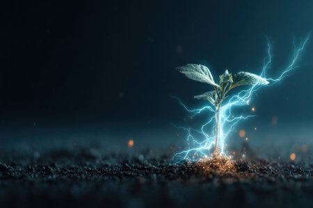 A close-up captures a small plant with vibrant green leaves, illuminated by electric blue lightning. The image displays a dark, moody environment with an earthy foreground. This stylized composition could be useful for illustrating concepts such as energy, growth, or innovation in various design or editorial projects.の素材