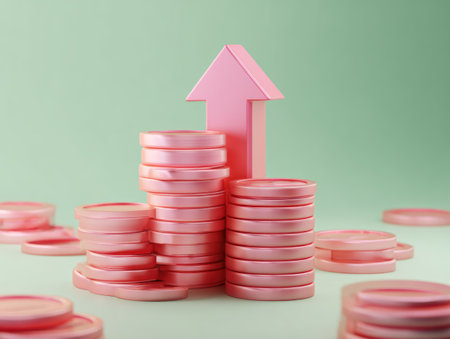 This image features stacks of pink coins with a rising arrow, set against a soft green backdrop. The illustration employs a simple, graphic style with clean lines and uniform color. The composition, lit with soft, diffused light, conveys concepts such as growth, investment, and financial progress. Suitable for various commercial and editorial applications.の素材