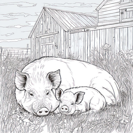 An illustration depicts a large pig and its piglet in front of a wooden barn. The image features a monochromatic color scheme. The composition involves the subjects in the foreground, with the barn providing a rural backdrop. Suitable for various editorial and commercial applications. The scene conveys a sense of pastoral tranquility.の素材