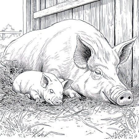An illustration depicts a large pig and a smaller piglet resting side-by-side. The image is rendered in black and white, showcasing textures such as straw and animal skin. The composition suggests an outdoor or farm setting with a barn-like structure. It could be used for various commercial or editorial purposes.の素材