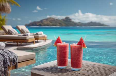 Two vibrant red watermelon smoothies sit on a wooden surface, set against a stunning seascape. The composition includes a clear blue pool and chaise lounges. The style is bright and inviting, suggesting a relaxing vacation. Suitable for promotional materials and editorial content.の素材