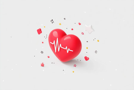 A vibrant red heart-shaped illustration featuring a white heartbeat line is centered on a clean white background. Various small decorative elements are scattered around the heart, adding visual interest. This composition suggests concepts related to health, wellness, and medical themes. Suitable for diverse commercial and editorial applications.の素材