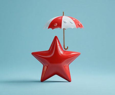 A vibrant red star is paired with a matching red and white umbrella against a soft blue backdrop. The image utilizes smooth textures and soft lighting, creating a stylized and modern composition. It is suitable for various commercial uses, including advertising campaigns and digital content creation.の素材