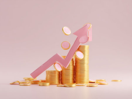 An image presents stacked gold coins with a pink upward arrow, suggesting financial progress. The minimalist composition features a light pink backdrop, and some coins scattered around the stacks. This visually appealing artwork is suitable for commercial applications related to finance, investment, or market trends.の素材