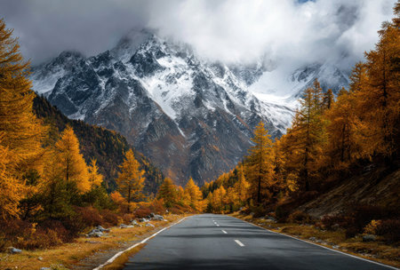 An asphalt road leads towards majestic snow-covered mountains, framed by vibrant yellow and orange trees. The scene showcases a scenic outdoor landscape, with a cloudy sky providing a contrasting backdrop. This image could be suitable for travel, nature, or environmental content, finding applications in various editorial and commercial contexts.の素材