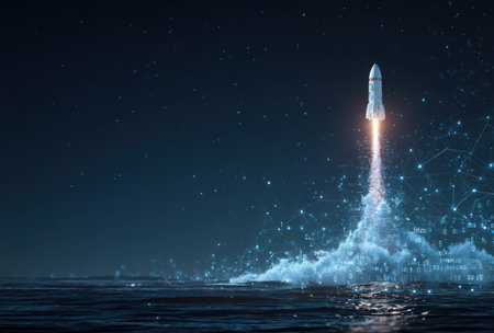 A rocket streaks upwards, leaving a trail of fire and smoke against a deep blue night sky. The image features a digitally rendered rocket rising from water, with a network of illuminated dots overlaying the scene. This composition could be used for illustrations related to technology, progress or space exploration.の素材