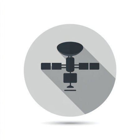 A grayscale illustration displays a satellite icon against a circular, pale gray backdrop. The design showcases a modern, minimalist style with long shadows, creating a sense of depth and dimension. Suitable for various projects related to space, communication, and technology, this image is versatile.の素材