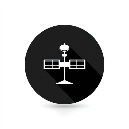A white satellite icon sits on a black circle, casting a shadow against a white background. The image is a vector illustration with a flat design, featuring clean lines and a modern style. Its simple composition and bold contrast make it suitable for various commercial uses related to technology or communication.の素材