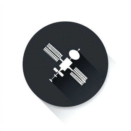 A vector illustration features a white satellite icon centered on a dark gray circular background, casting a soft shadow. The simple design showcases clean lines and a modern aesthetic. Suitable for various design projects, including websites, presentations, and print materials, offering a versatile visual element.の素材