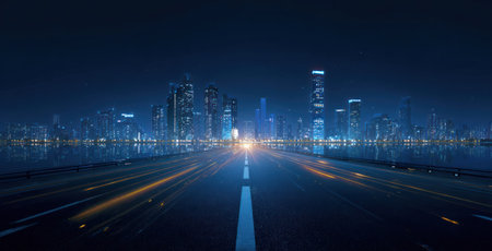 An image showcases a road extending towards a distant cityscape, bathed in blue and white light. The composition features blurred light trails suggesting motion, and the setting appears to be nighttime. This photograph could be utilized for various commercial and editorial projects, conveying themes of travel, technology, or urban development.の素材