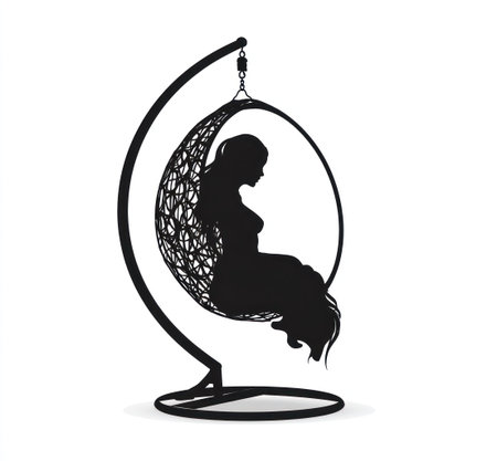 This image presents a silhouette of a woman seated in a hanging chair. The composition is stark with contrasting black against a white background. The intricate details of the chair contrast with the simple form of the figure. This image may be suitable for a variety of uses, from design elements to editorial content.の素材