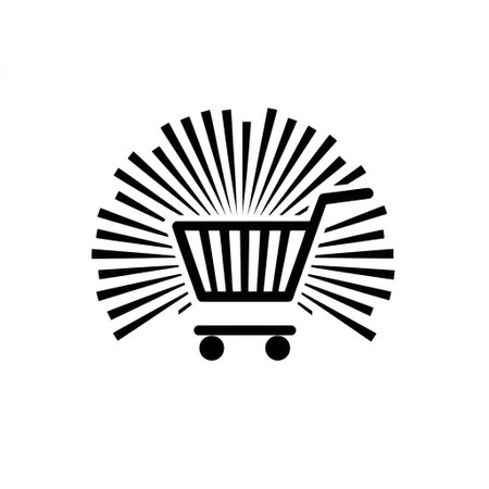 An illustration features a shopping cart icon set against a burst of radial lines. The black and white design presents a graphic style, suitable for digital use. This design offers versatility for marketing, e-commerce, and promotional materials. The clean look allows for seamless integration across various platforms.の素材