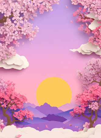 An illustration depicts a vibrant scene of blossoming cherry trees in spring. The artwork features pink flowers, purple mountains, and a large yellow sun. Soft clouds and a gentle gradient sky enhance the serene aesthetic. This image is suitable for use in design, editorial, or commercial projects.の素材
