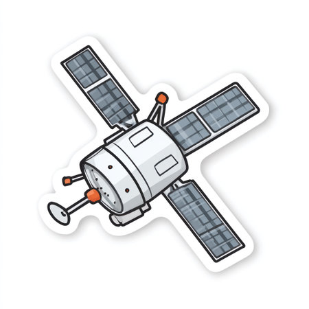 An illustration features a satellite with solar panels, presented against a clean white background. It showcases a modern, simplified design, employing a vibrant color scheme. The composition is straightforward, emphasizing the subject matter. Suitable for various projects, including science and technology themes, it can be used for editorial or commercial purposes.の素材