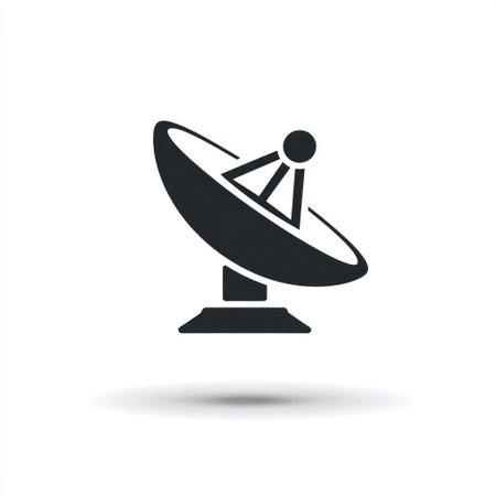 A black satellite dish icon is displayed against a white background. The image features a simple, modern design with smooth lines and sharp angles. The monochrome color scheme emphasizes the shape. This image is suitable for various applications, including website design, infographics, and illustrations related to technology.の素材