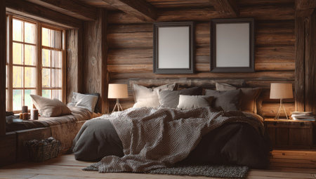 A cozy bedroom interior featuring a large bed, window, and decorative lighting. The scene is dominated by warm brown tones of wood and textiles. Two blank picture frames hang above the bed, providing space for visual content. Suitable for use in lifestyle or design publications.の素材