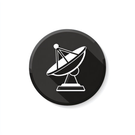 A white satellite dish icon is displayed on a black circular background. The design features a modern, clean aesthetic with a long shadow. This image could be used in various applications to symbolize communication, technology, and data transfer. Suitable for commercial or editorial projects.の素材
