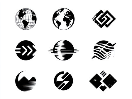 This graphic showcases a collection of nine different monochrome vector icons. The set features globes, geometric shapes, and abstract designs in black and white. Suitable for various design applications, these versatile illustrations may be used in branding, marketing materials, and digital projects.の素材