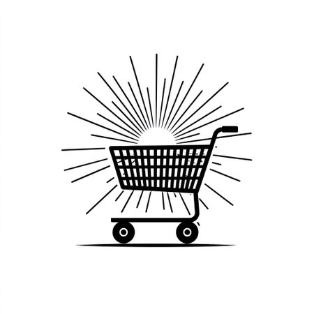 A shopping cart is depicted in silhouette against a sunburst background, creating a visually striking black and white composition. The image's clean lines and symmetry suggest a modern aesthetic. Suitable for various design applications, it is adaptable for advertising, web design, or editorial content, conveying themes of commerce or retail.の素材