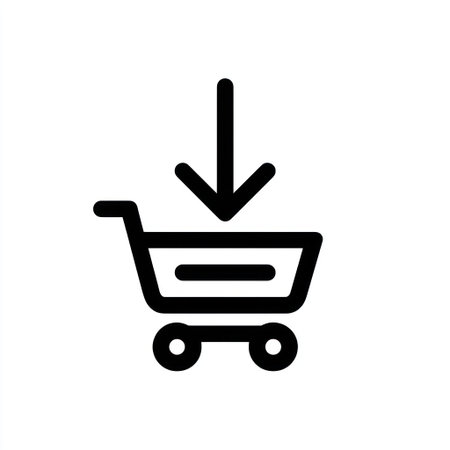 A black and white graphic presents a shopping cart icon with a downward-pointing arrow. The vector illustration features clean lines and a simple design. This visual may be used to represent online purchases, downloads, or additions to a user's digital collection, suitable for various editorial and commercial applications.の素材