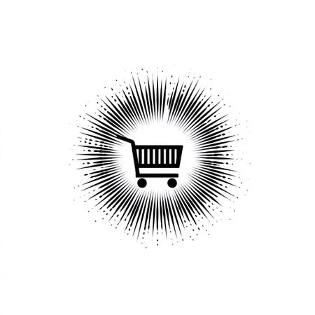 An illustration depicts a shopping cart icon within a radial burst pattern, creating a dynamic visual effect. The image features a monochrome palette of black and white, offering a clean and modern aesthetic. Its design suggests usability for various commercial and informational purposes.の素材