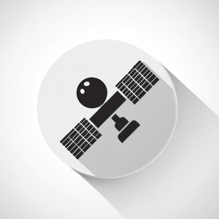 A vector illustration depicts a satellite in a minimalist style. The graphic showcases a black satellite against a white circular background, with long shadows. This design is suitable for use in various applications related to technology and space exploration. It would be appropriate for educational and commercial projects.の素材
