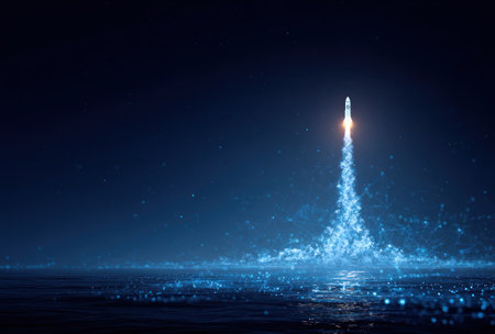 A rocket ascends into a dark expanse, leaving a trail of glowing particles. The image showcases a futuristic scene with bright blues and oranges against a black background. The composition suggests motion and progress, suitable for various editorial and commercial projects.の素材