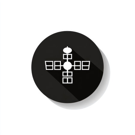 A vector illustration depicts a satellite icon positioned on a black circular shape. The graphic presents a flat design with long shadow effect, set against a plain white backdrop. This image is suitable for various commercial applications, including web design, presentations, and print media.の素材
