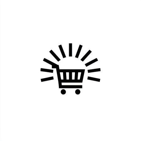An illustration features a shopping cart icon with radiating lines, suggesting an idea or concept. The black and white design presents a minimalist style with clean lines. It can be used in various commercial applications, such as website design, advertising, and marketing materials.の素材