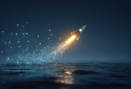 A rocket streaks upwards above water, leaving a bright trail against a dark, night sky. The image features glowing digital particles connecting to the rocket. The composition uses a cool color palette with contrasting light. Suitable for technology, innovation, or conceptual visuals.の素材