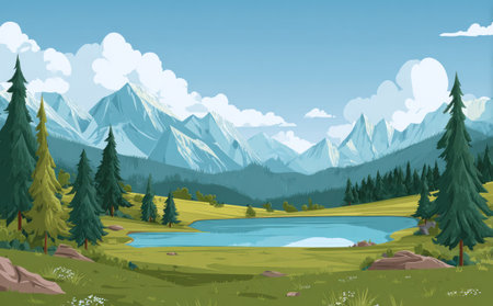 An illustrated landscape presents a serene view of a mountain range, a calm lake, and evergreen trees. The scene is rendered in cool tones, with blue skies and a bright green foreground. This style might suit various applications like illustrations for children's books or designs for nature-themed projects.の素材
