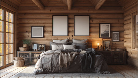 A cozy bedroom interior showcases a large bed with gray bedding. Wooden walls and ceiling beams provide a rustic aesthetic. Decorative frames hang on the walls. The scene is illuminated by natural light and artificial lamps, suggesting a relaxing environment suitable for various commercial purposes.の素材