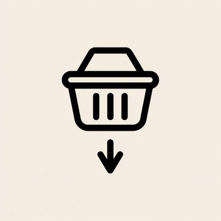 An illustrated shopping cart is presented with a downward arrow symbol. The composition features a simple black outline on a neutral cream background. The design is a flat vector style and suggests an action or process. The graphic is suitable for various commercial uses, including website elements and advertising.の素材