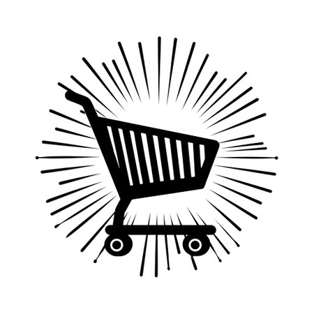A black shopping cart silhouette is surrounded by radiating lines on a white background. This graphic features a minimalist style with bold lines, offering a clean aesthetic. Suitable for various design projects, it could be used in advertising, websites, or promotional materials for retail or e-commerce purposes.の素材