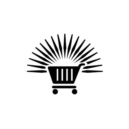A shopping cart icon, rendered in black and white, is positioned against a plain white backdrop. Overhead lines radiate from behind the cart, suggesting movement or light. The image features a clean, simple design suitable for various commercial applications, including web design and advertising.の素材