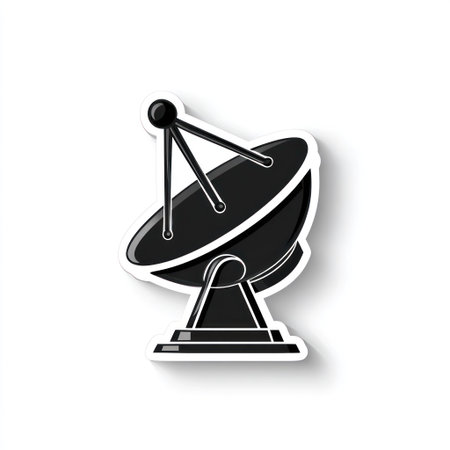 A vector illustration presents a satellite dish, depicted in black against a clean white backdrop. The graphic emphasizes sharp lines and a minimalist style. Its appearance suggests a technological or communication theme, suitable for various editorial and commercial applications. The composition provides ample copy space.の素材