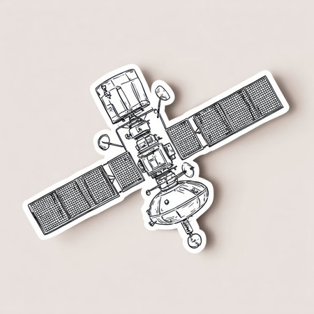 A detailed illustration depicts a satellite with large solar panels. The monochromatic design features linear textures and geometric shapes. The composition is centered, presenting the object from a straight angle. This design is suitable for various commercial uses, including science and technology materials.の素材